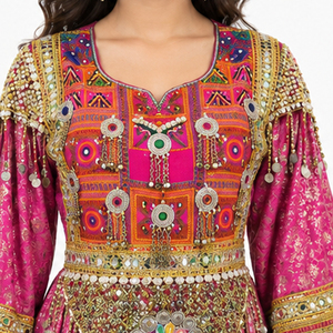 Vestido de novia tradicional Salwar Kameez rosa bordado hasta el suelo para mujer con dupatta, bolso Potli, vestido afgano Kuchi - Product Image 6