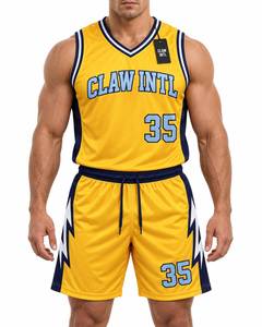 ชุดเสื้อบาสเก็ตบอลชาย CLAW INTL สีเหลืองน้ำเงิน 35 พิมพ์ลายซิลค์สกรีน ผ้าฝ้ายระบายอากาศ ไร้รอยต่อ ตรวจจับรอยตะเข็บด้วยเข็ม - Product Image 1
