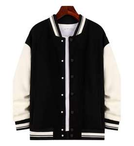 Veste varsity unisexe noire et blanche coupe-vent, couleur unie, boutonnée sur le devant, col montant décontracté, coupe régulière, vêtement d'hiver en tissu laineux - Product Image 1
