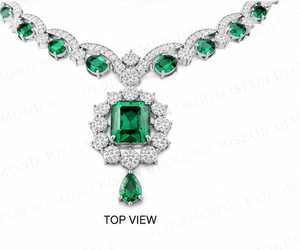 Exquisite luxury <b>necklace</b> in 18K white gold with emerald green center stones and round diamonds in elegant floral inspired - Product Image 3