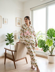 Elegant Loungewear Coordinated Printed Night Suit Set Soft Breathable Fabric Button-<b>Down</b> Shirt and Matching Straight-Fit <b>Pants</b> - Product Image 6