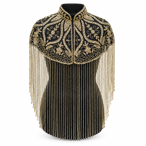 Cape noire et dorée à perles, avec broderies complexes et franges longues, pour tenue de soirée, veste de mariage - Product Image 1