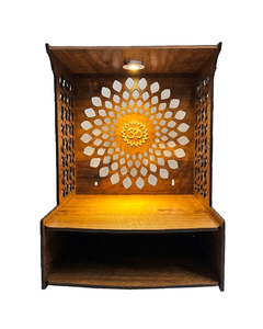 Mandir Om de Madera Hecho a Mano con Luz LED, Mandala de Loto Cortado con Láser, Templo de Puja, Altar Cerrado para el Hogar, Acabado en Madera de Teca, 39x30x24 cm - Product Image 6