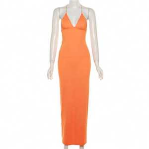 ชุดเดรสยาวทรงเข้ารูปสำหรับผู้หญิงขายส่ง เสื้อผ้าฤดูร้อนแบบเซ็กซี่ คอวีผูกหลัง ผ้าริบ แต่งชายระบายชายหาด - Product Image 1