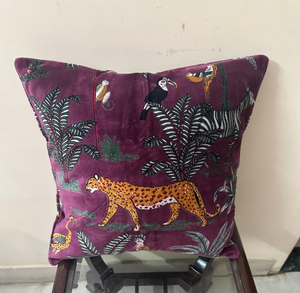Luxury Purple Velvet Cushion Cover | Removable | Washable | <b>Decorative</b> <b>Pillow</b>| Purple Velvet cushion Cover Forest Animal Print - Product Image 2