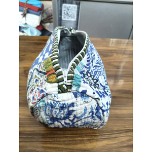 Bohemian Textile Cosmetic Bag Medium Size Zipper Closure Multi-Function Patterned Pouch Blue White Geometric Design - Product Image 2