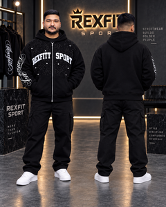 Men's Black <b>Full</b> <b>Zip</b> <b>Hoodie</b> Sparkle Detail Sleeve Script Heavyweight Fleece Oversized Breathable Winter Streetwear Jacket Custom - Product Image 2