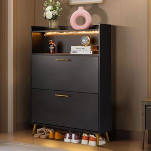 Scarpiera Nera 80x38x90cm a 6 Strati con Luci LED, Pieghevole, in Truciolato, con Doppia Anta e Funzione Salvaspazio - Product Image 2