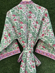 Indian Floral Hand Block Print Handcrafted 100% Cotton Women's Long Sleeve V-Neck <b>Kimono</b> Robe Machine-Washable Summer High - Product Image 5