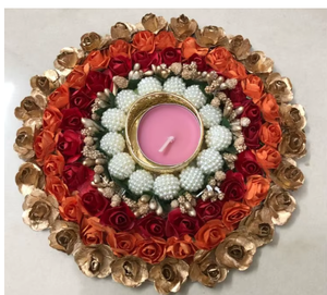 Circular Floral <b>Candle</b> Stand with <b>Pink</b> White Roses and Gold Center Handmade for Weddings - Product Image 2