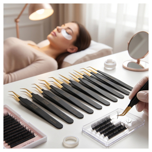 Pince à cils pour extensions de cils, pointe en fibre, en acier inoxydable japonais, inclinée à 45 degrés, noir mat, pour création de fans de volume intense - Product Image 6