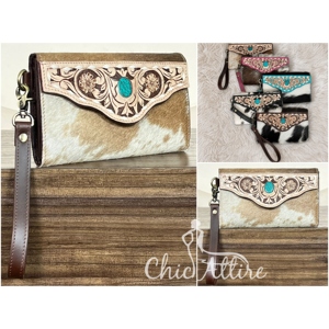 OEM & ODM New Tooled Cowhide Leather Wristlet Clutch Western Floral Wallet Turquoise Concho Design Hair On Hide Purse Trendy Bag - Product Image 1