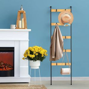 Étagère à couvertures en bois à 10 niveaux, style ferme, avec 5 crochets amovibles, support mural ou autoportant pour serviettes - Product Image 3