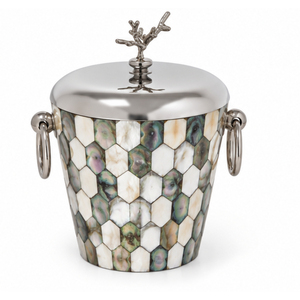 Seau à glace hexagonal en nacre et métal avec couvercle, incrustation de coquillages en mosaïque, refroidisseur à vin, seau à champagne avec poignée en branche de corail - Product Image 1