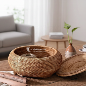 Panier de rangement rond en osier avec couvercle, panier en rotin tressé à la main pour la maison et la lessive (vente en gros) - Product Image 5