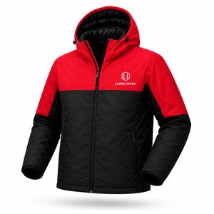 Custom Men's Winter <b>Waterproof</b> Hooded Puffer <b>Jacket</b> Windproof Insulated Outdoor Thermal Coat Two Tone Red Black Full Zip <b>Parka</b> - Product Image 2