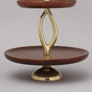 Two-Tier Wooden <b>Cake</b> <b>Stand</b> Featuring Rich Brown Trays Twisted Brass Metal Central Pillar & Twin Tulip Finial Handles For Serving - Product Image 3