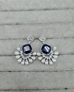 Cushion Cut Gemstone American <b>Diamond</b> <b>Earrings</b> Silver & Rhodium Plated Faux <b>Pearl</b> Fringe <b>Earrings</b> Party Wear <b>Earrings</b> Wholesaler - Product Image 3