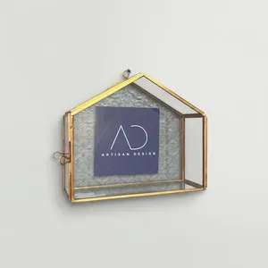 ARTISAN DESIGN Brass Metal Hanging Wall Shelf Picture Frame Decorative House Shaped Glass Display <b>Case</b> <b>Vanity</b> Makeup Jewelry - Product Image 1