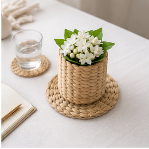 Sous-verre rond en bambou tressé fait main avec motif floral, écologique, pour la décoration de la cuisine et de la table basse - Product Image 1