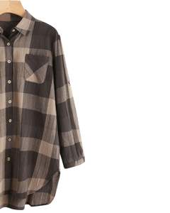 Robe chemise longue à carreaux gris beige pour femme, boutonnée, décontractée, style tunique ample en coton et lin doux - Product Image 2