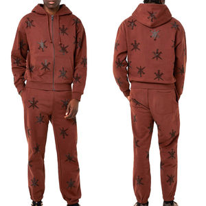 Ensemble de survêtement marron pour homme avec sweat à capuche zippé et pantalon de jogging, motif strass, en molleton de coton, style streetwear, logo personnalisé - Product Image 6