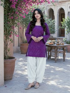 Cotton Bandhej Square Neck <b>Top</b> with Elastic Waist Palazzo Farsi Pants - Product Image 1