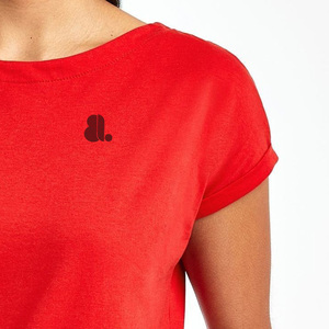 Camiseta Casual de Algodón Orgánico para Mujer, Cuello Redondo, Manga Corta, Color Rojo Sólido, Logotipo, Corte Regular, Tejido Jersey Transpirable, Ropa de Verano - Product Image 4
