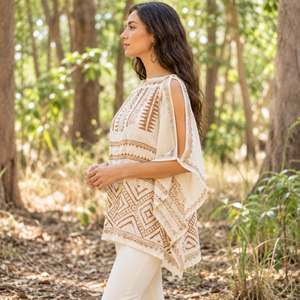 Poncho brodé bohème pour femmes |   Blouse Kaftan en Coton Ethnique Col Bateau Manches Kimono Coupe Décontractée Motif Géométrique Décontracté - Product Image 3