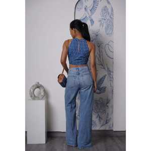 Top Corto Halter de Mezclilla Azul a Cuadros para Mujer - Product Image 2