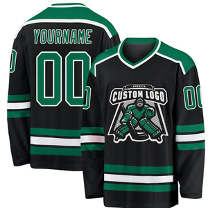 Camiseta de Hockey sobre Hielo Personalizada para Hombre, Negra y Verde, Cuello en V, Manga Larga, Impresión Sublimada, Transpirable, Uniforme de Equipo de Poliéster - Product Image 1