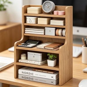 Organizzatore da Scrivania Naturale a 6 Livelli, Ripiani Regolabili e Rimovibili, Scaffale in Legno con Protezioni Anti-Caduta, Rettangolare - Product Image 4