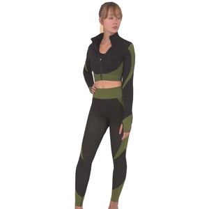 Black Green Color Blocking 3 Piece <b>Yoga</b> Set High Waist Leggings Bra and Crop <b>Jackets</b> with Thumbhole full Sleeves Activewear Sets - Product Image 6