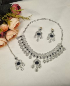 Designer Rhodium Plated Oval Cut CZ Stone <b>Necklace</b> <b>Set</b> With <b>Earrings</b> & Mangtika For Women Ethnic Fashion Jewellery <b>Set</b> Wholesale - Product Image 1