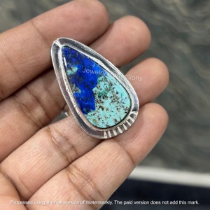 JEWELRY PERFECTIONS <b>Silver</b> Plated Brass Bohemian Pear Shape Channel <b>Set</b> Azurite Gemstone <b>Ring</b> for Women's Engagement Wedding - Product Image 4