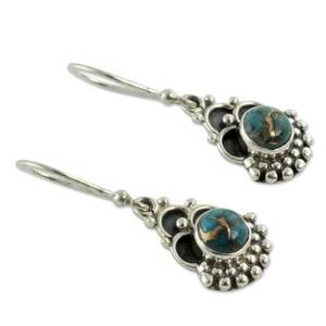925 <b>Sterling</b> <b>Silver</b> Blue Copper Vintage Engagement Drop Earrings Handcrafted Gemstone Ornate Beaded <b>Wire</b> Dangle Earrings for - Product Image 2