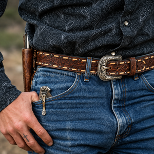 Vintage Western Floral Tooled Leather <b>Belt</b> for Men with Antique <b>Silver</b> Pin <b>Buckle</b> - Product Image 4