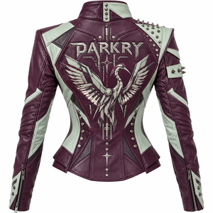 Women Burgundy Real Cowhide Leather Biker Jacket Printed <b>Crane</b> Mint Green Panel Studded Shoulder Coat OEM ODM Custom Wholesale - Product Image 2