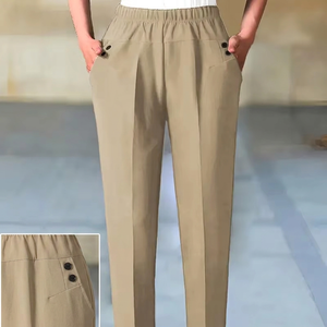 Pantalones de poliéster de cintura alta para mujer, de pierna recta, con pliegues frontales, cintura elástica, color beige, casuales, largos, resistentes a las arrugas - Product Image 2