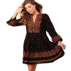Vestido corto bohemio para mujer, bordado, manga tres cuartos, ropa de ocasión, ropa de mujer - Product Image 1