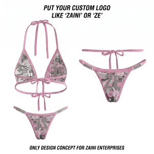 Women <b>Triangle</b> String <b>Bikini</b> <b>Set</b> Premium 190 GSM Polyester Spandex Pink Grey Custom Sublimation Print Logo Rhinestone OEM ODM - Product Image 2