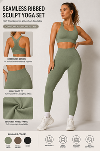 Women Seamless Ribbed <b>Yoga</b> <b>Set</b> High Waist Leggings Racerback Sports Bra Gym Fitness Activewear Wholesale - Product Image 2