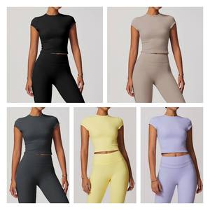 Camiseta Deportiva de Yoga con Cuello Redondo Simple, Estilo Europeo Americano, para Mujer, Ecológica, de Secado Rápido, Ajustada, de Manga Corta y Transpirable - Product Image 6