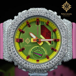 Pahal Jewels Montre à quartz analogique-numérique de luxe pour femme avec boîtier en strass et bracelet en silicone rose, cadran rond de 42 mm - Product Image 6
