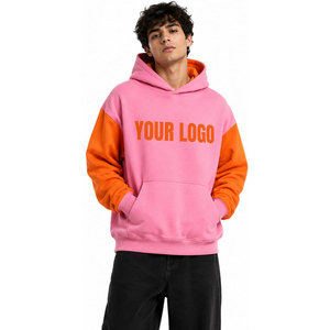 Sudadera con Capucha Color Block Rosa y Naranja, Manga Raglán, Felpa, Unisex, Informal, para Otoño, con Bolsillo Frontal con Logotipo - Product Image 4