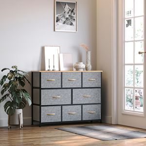 Comò a 8 cassetti grigio chiaro con struttura in acciaio e piano in legno, mobile in tessuto per camera da letto o soggiorno - Product Image 4