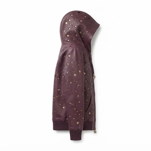 Blouson bomber à capuche violet avec imprimé constellation d'étoiles dorées, fermeture éclair sur le devant, décontracté, unisexe, pour l'automne - Product Image 3