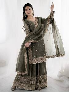 Ensemble de costume Anarkali pour femmes, traditionnel indien pakistanais, en soie brodée, sans plis, extensible, longueur normale, vert - Product Image 1