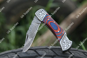 Couteau de poche pliant à lame pointue en acier Damas, manche en bois Pakka gravé à la main, ultra-affûté, mini EDC, ODM, OEM - Product Image 3