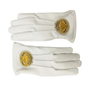 Grand Master Blue Lodge <b>White</b> Leather <b>Gloves</b> with Gold Hand Embroidered Emblem Masonic Ceremonial Regalia <b>Gloves</b> - Product Image 1